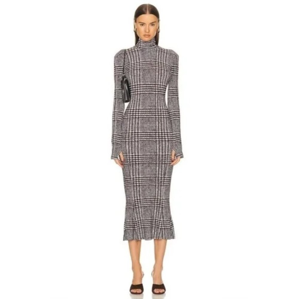 Norma Kamali Long Sleeve Turtleneck Fishtail Dress Chocolate Plaid Tweed SZ S
